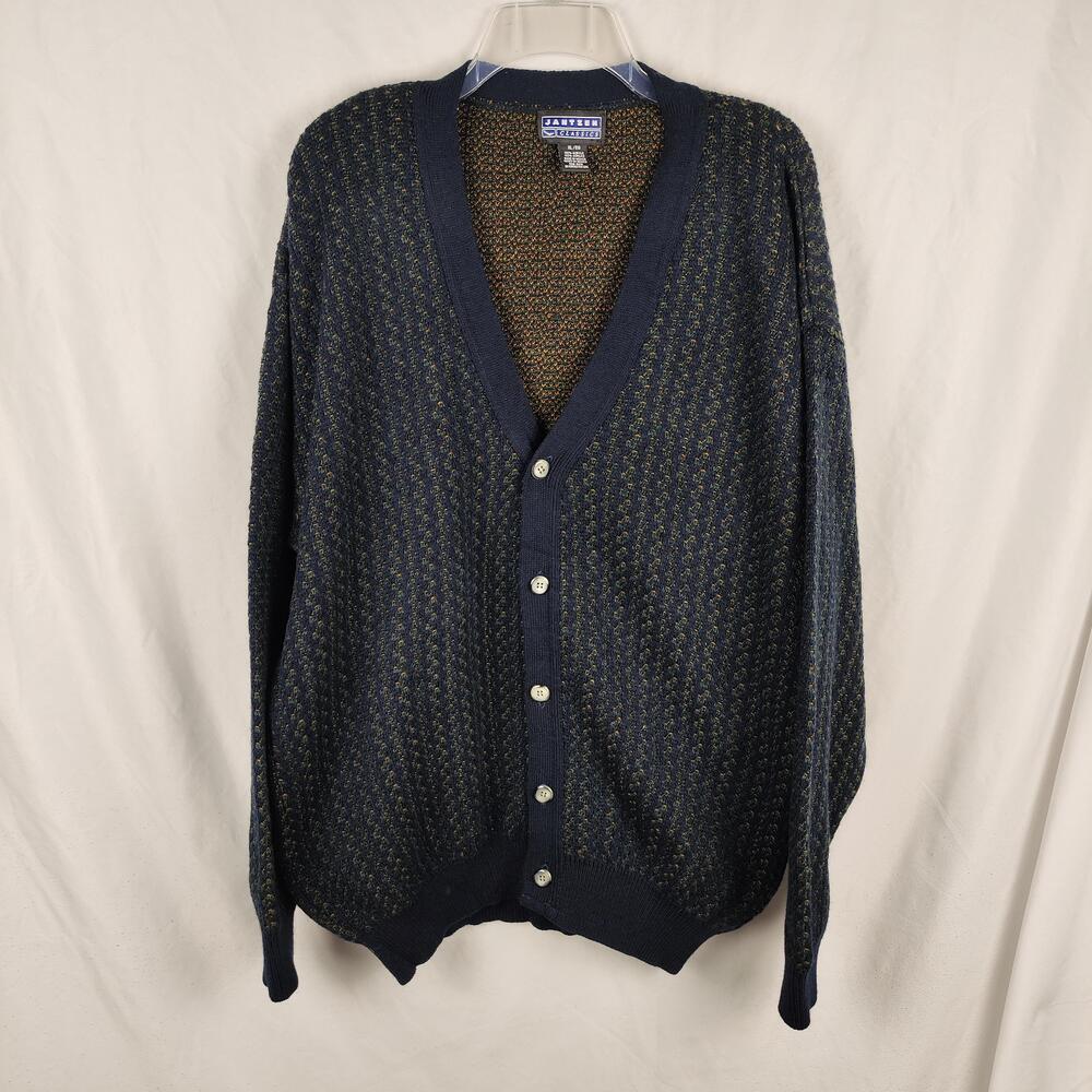 Vintage Jantzen Cardigan Sweater Mens XL Blue Geometric Knit Button Front 90s